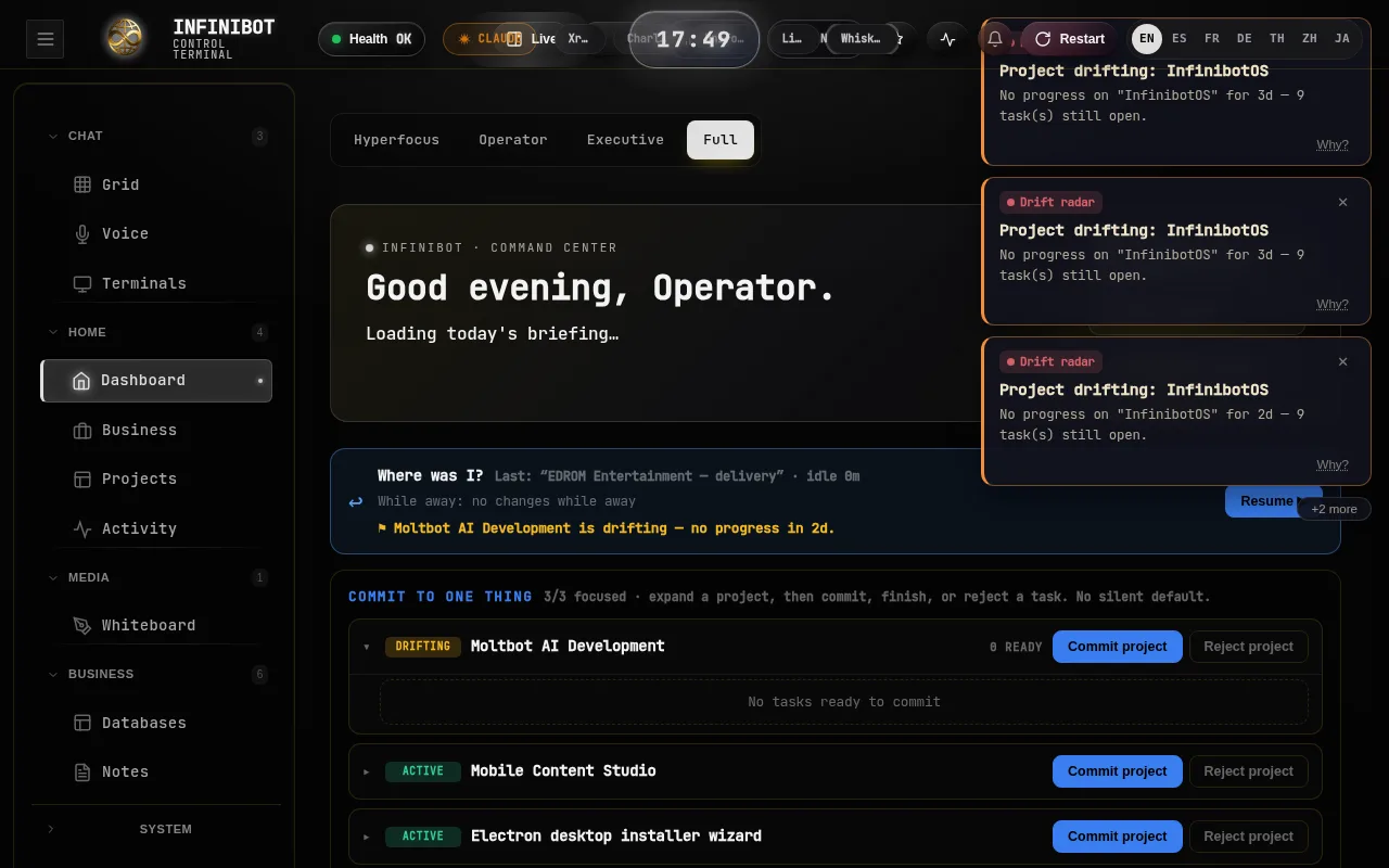 InfiniBot dashboard — command center