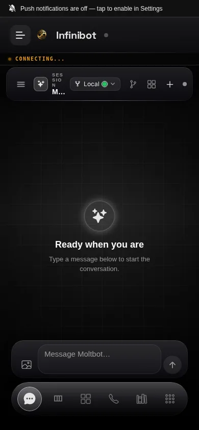 InfiniBot mobile app: connecting state with session selector and conversation prompt.