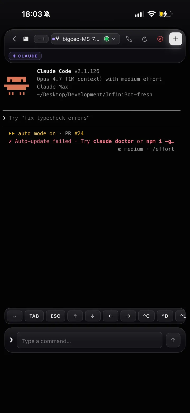 InfiniBot mobile — Claude Code session running on phone with TAB/ESC/arrow keys.
