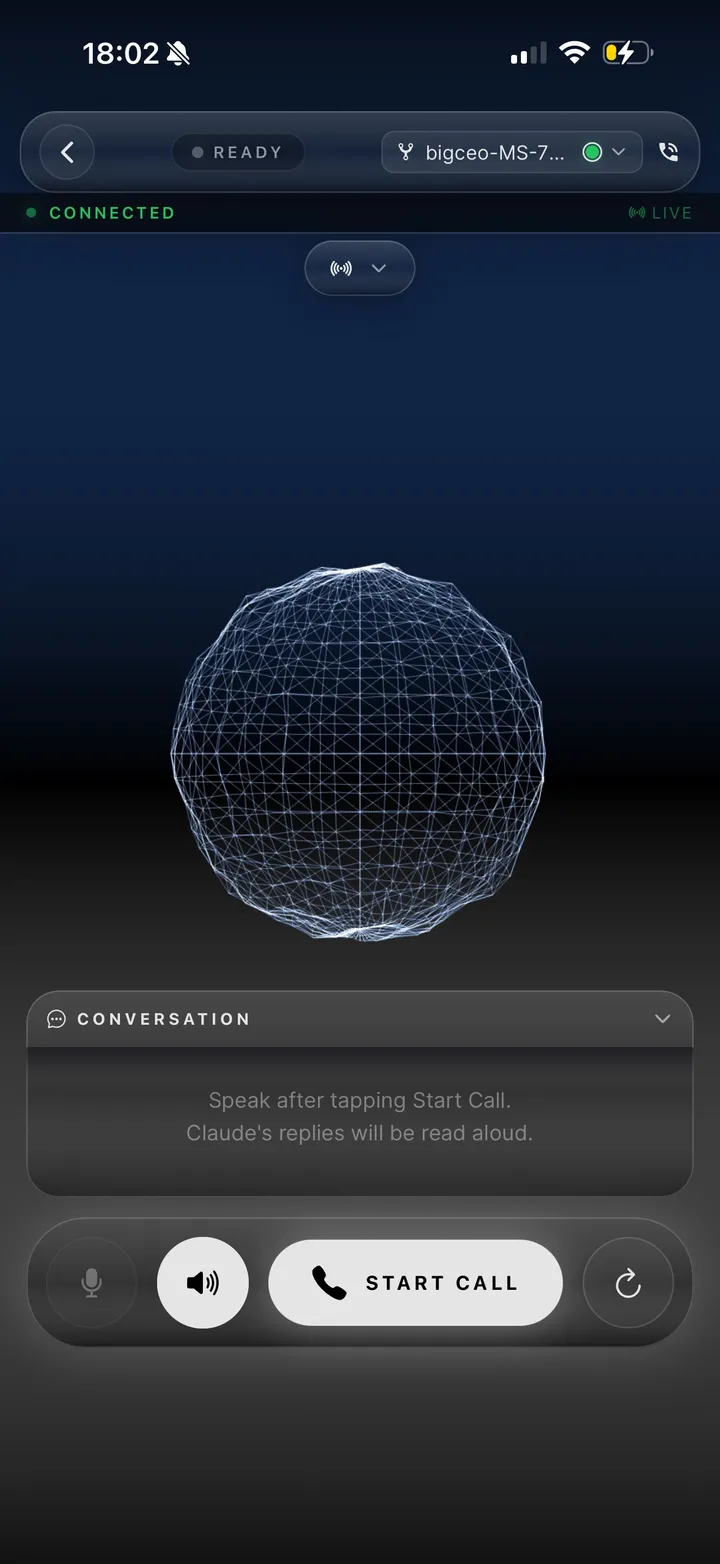 InfiniBot mobile — voice call with neural mesh sphere visualizer and Start Call control.