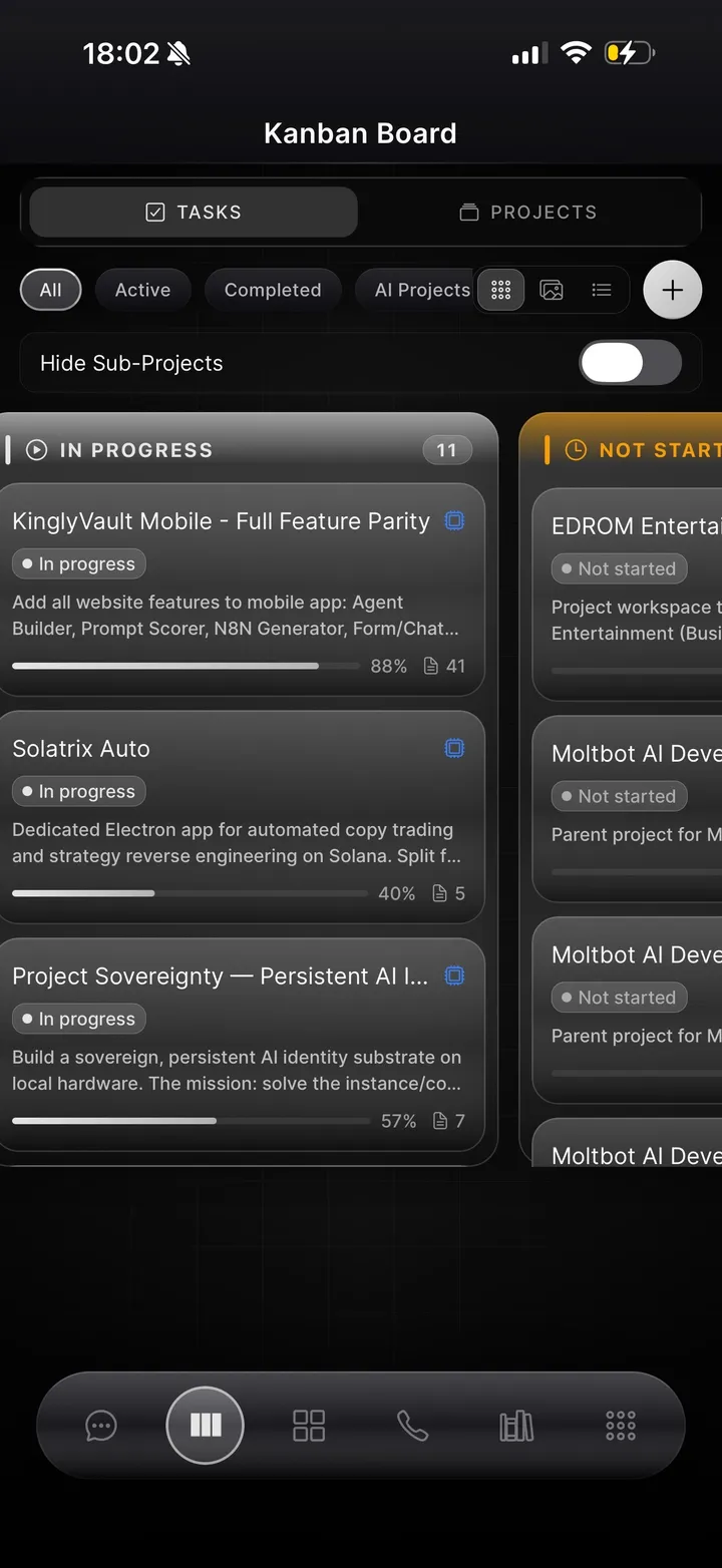 InfiniBot mobile — Kanban board with Tasks/Projects tabs and progress bars.