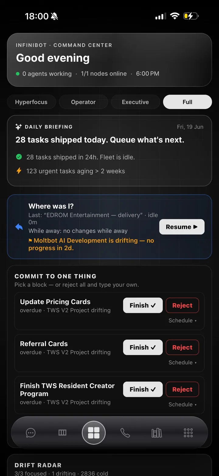 InfiniBot mobile — command center dashboard