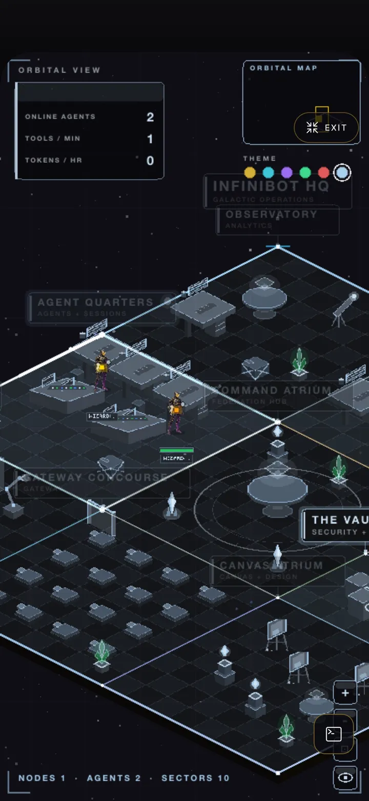 InfiniBot mobile — Agency World orbital isometric map with sectors and online agents.