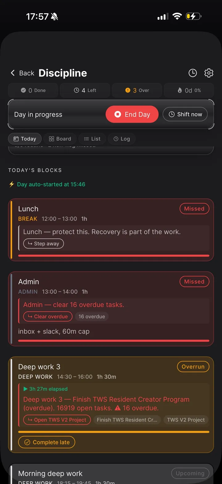 InfiniBot mobile — Discipline view with day in progress, blocks, and overrun warnings.